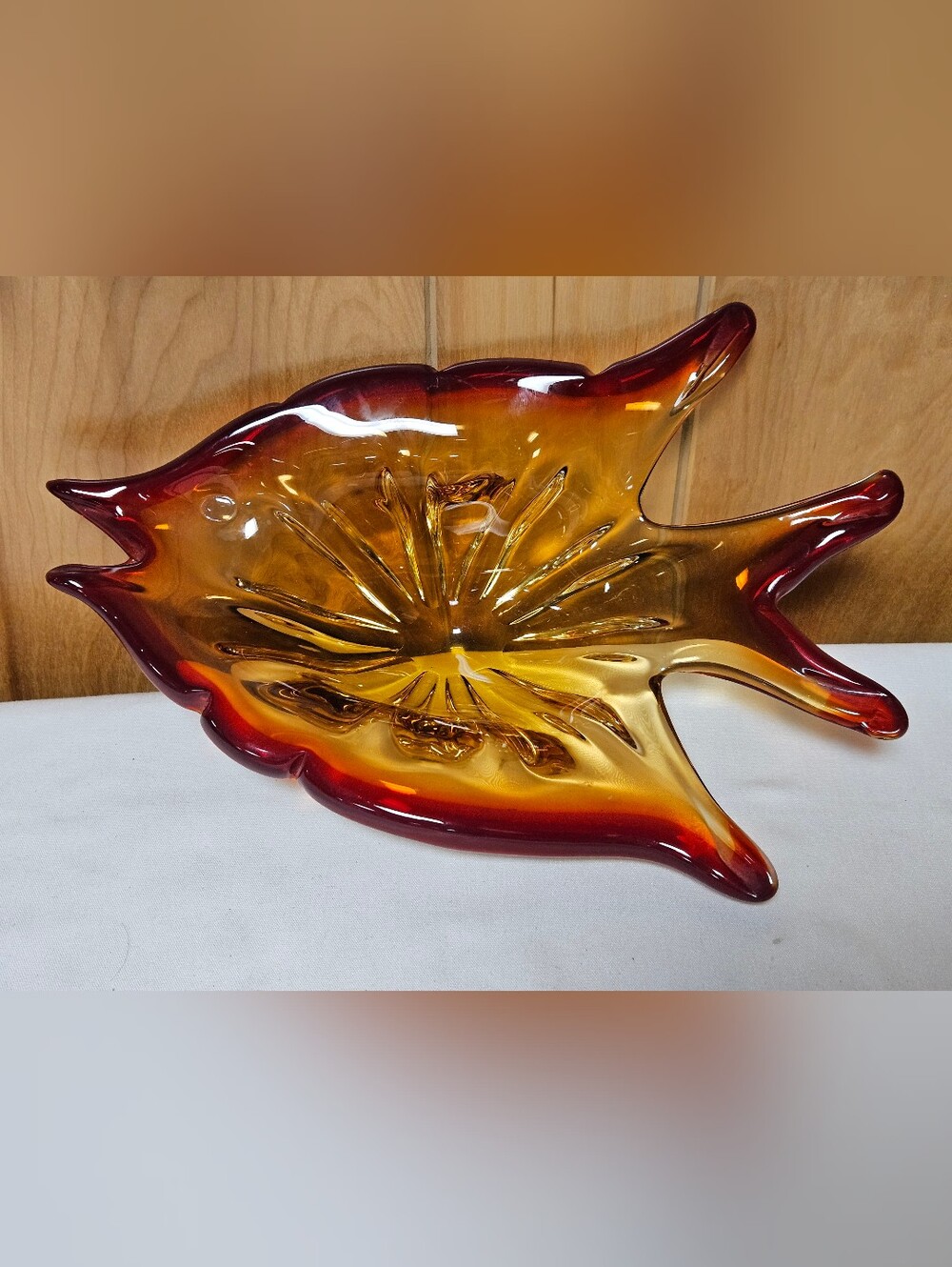 Vintage Murano Amberina Glass Fish Dish 13"  MCM ART Glass